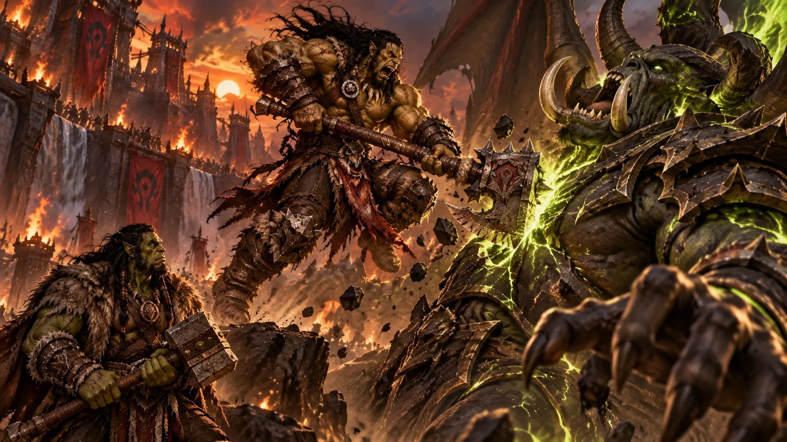 Grom Hellscream drives Gorehowl into the chest of the pit lord Mannoroth while Thrall watches