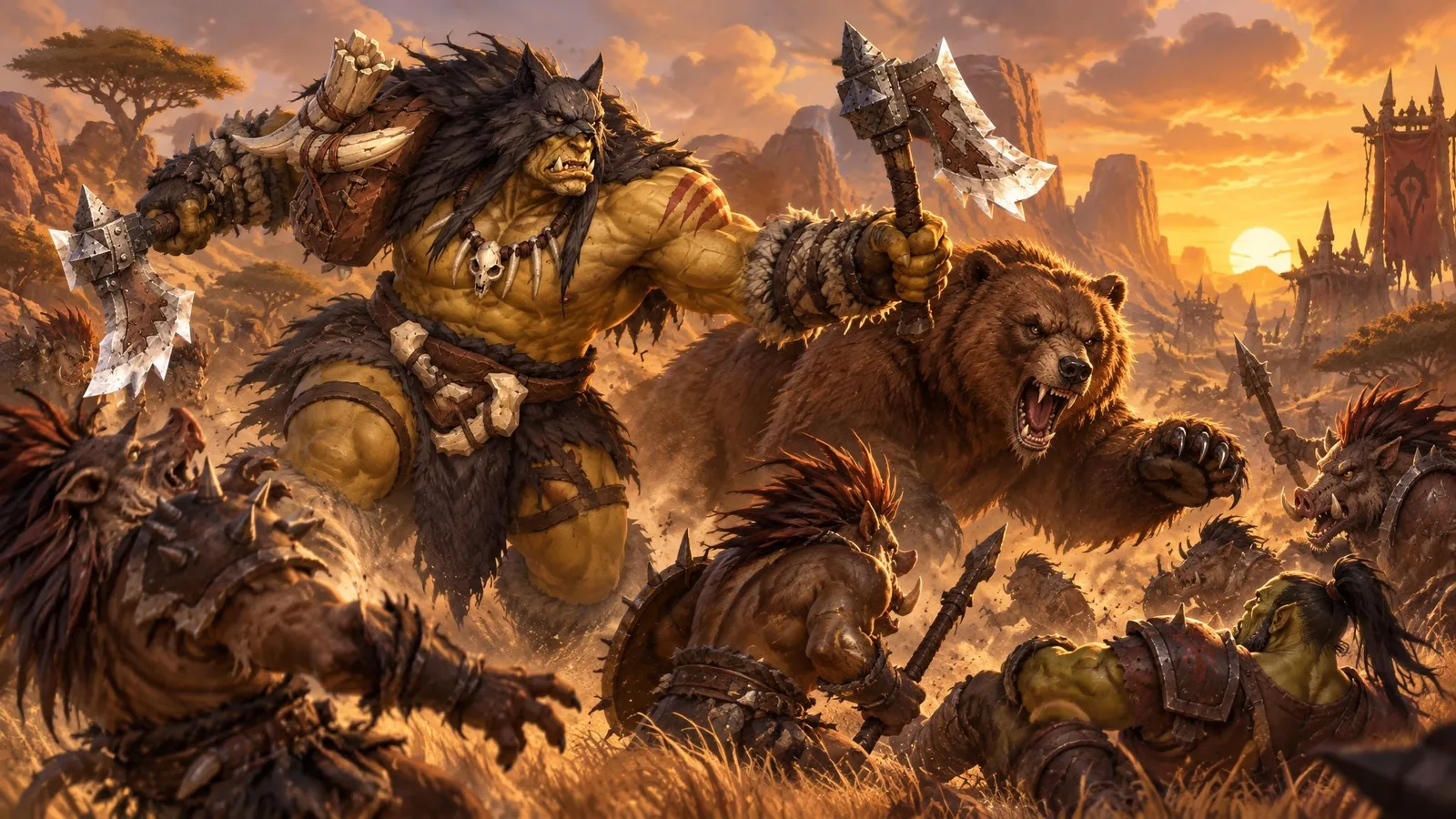 Rexxar and his brown bear Misha charge a band of quilboar raiders attacking a wounded orc in the golden grass of the Barrens