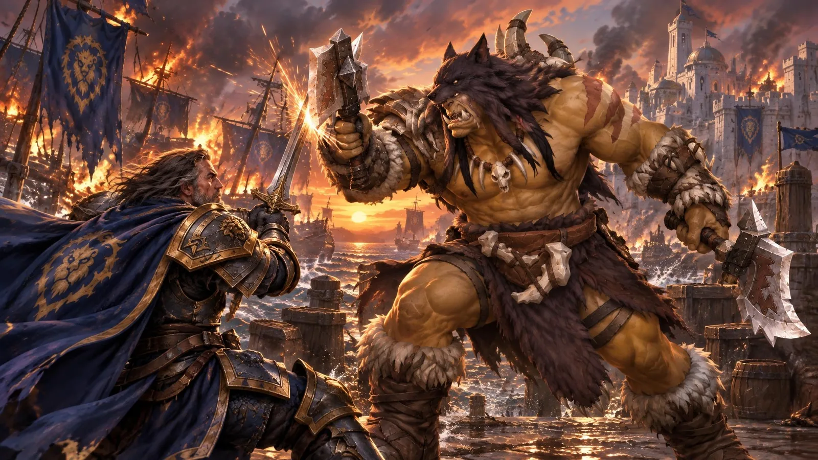 Rexxar duels Admiral Daelin Proudmoore on the docks of Theramore as warships burn
