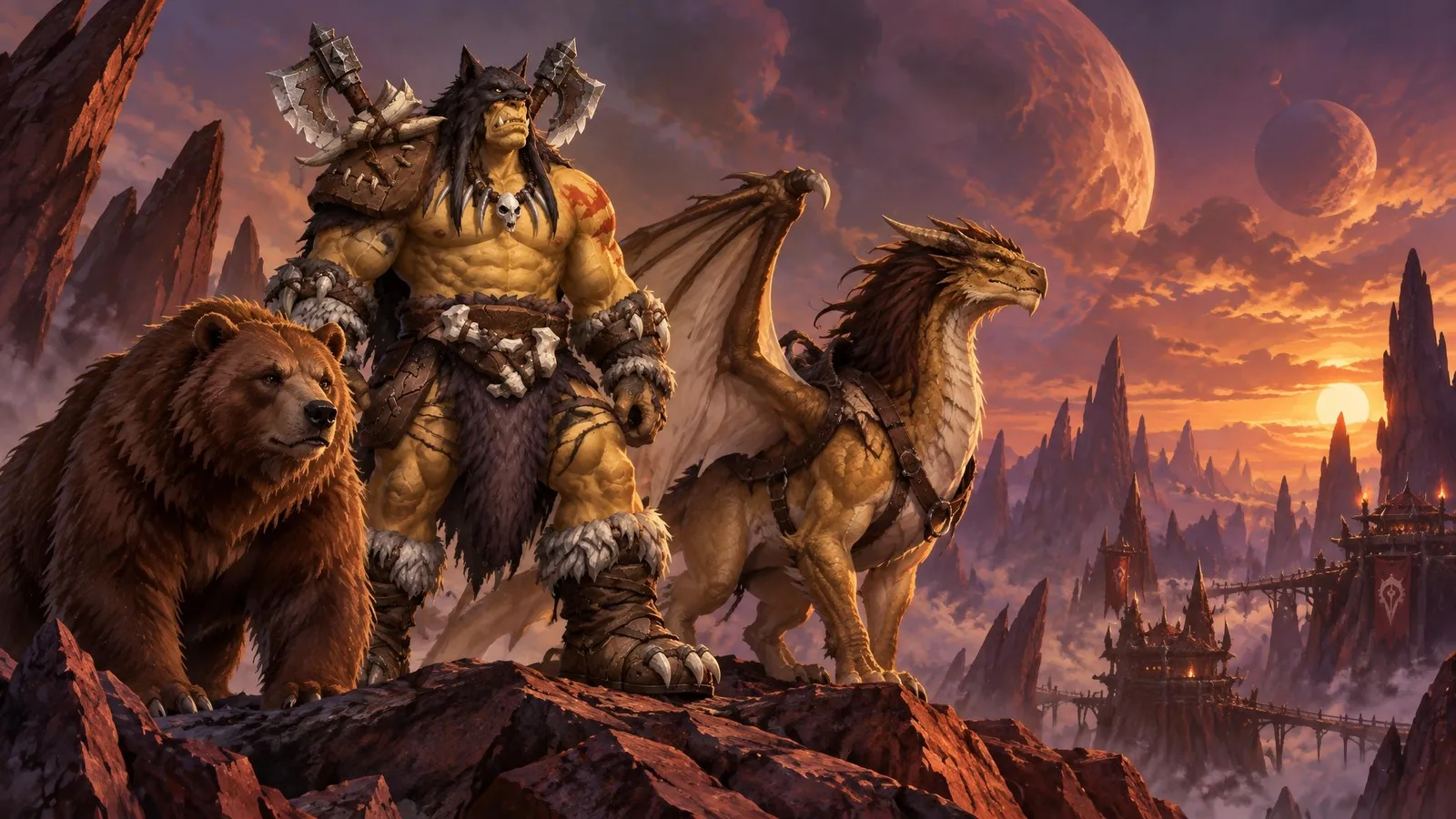 Rexxar with Misha and his golden wyvern Leokk on a ridge of the Blade's Edge Mountains in Outland