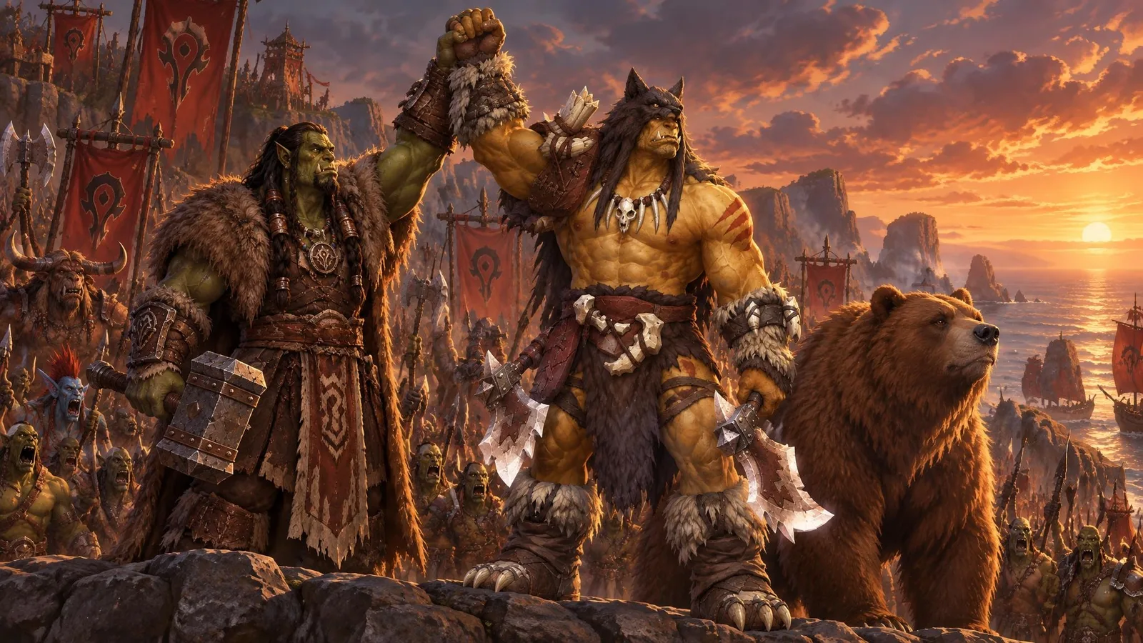Rexxar is named Champion of the Horde by Thrall before an army of orcs, trolls, tauren and ogres