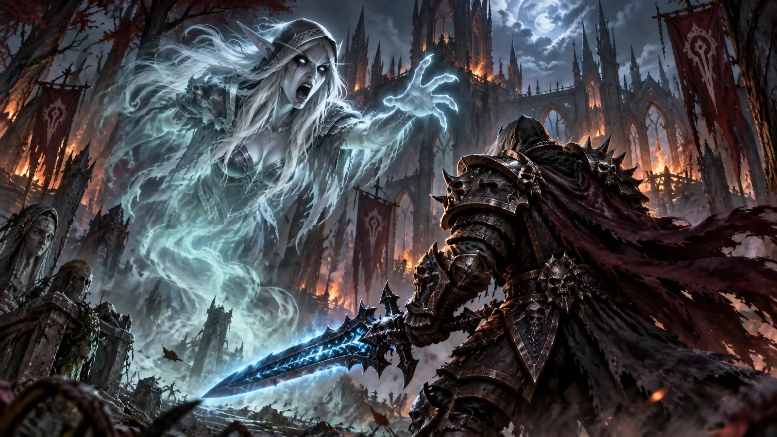The spirit of Sylvanas rises as a banshee before Arthas in the burning forest