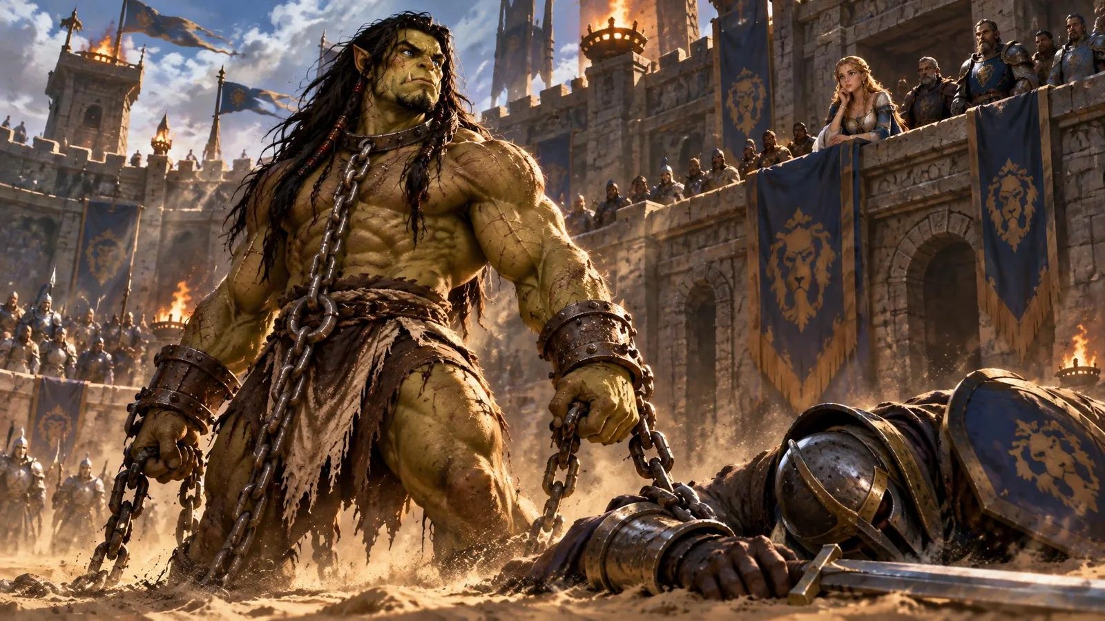 Young Thrall in chains in the gladiator arena of Durnholde Keep, watched by Taretha