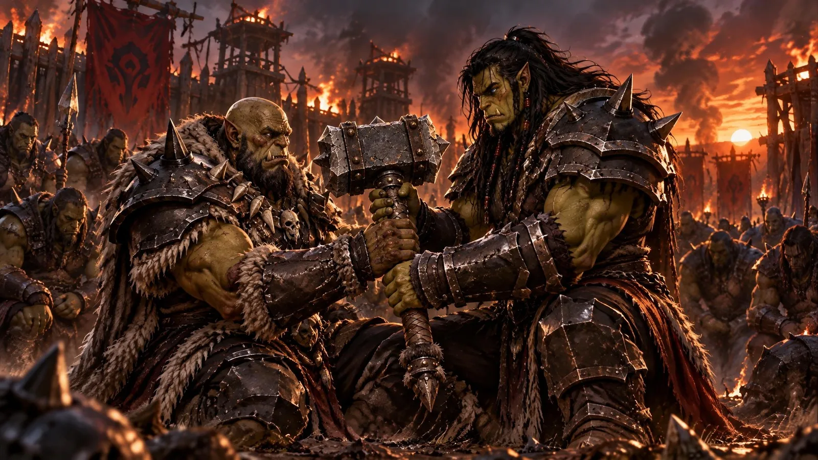 The dying Orgrim Doomhammer hands the Doomhammer and his black armour to Thrall