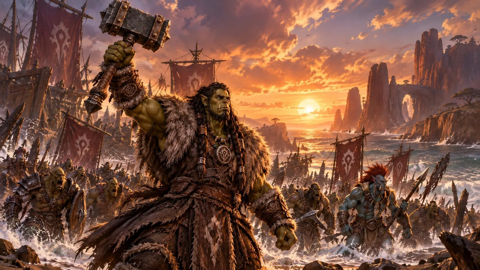 Thrall with the Doomhammer raised as the Horde lands on the shores of Kalimdor