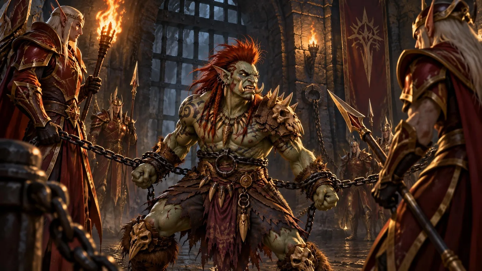 Zul'jin, still with both arms, chained and defiant before his high elf captors