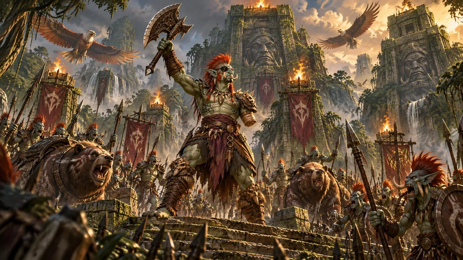 One-armed Zul'jin atop the stairs of Zul'Aman before his Amani warriors